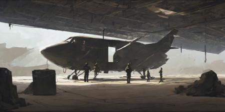 04107-3773727632-a painting of a plane in a hangar with people standing around it and a person standing on the ground, Craig Mullins, matte drawi.jpg